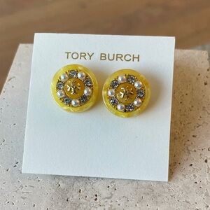 Tory Burch Logo Button Stud Earrings Yellow Pearl Crystal Gold Tone